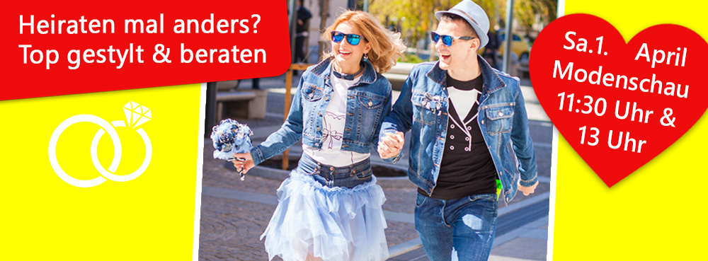 Banner für das Heiraten Mal Anders Event mit Brautpaar, das in Jeans Kleidung heiratet